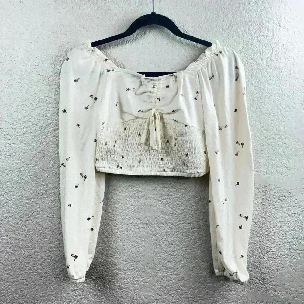 Arizona Jean Co Floral Long Sleeve Crop Top Ivory White Women’s Size S